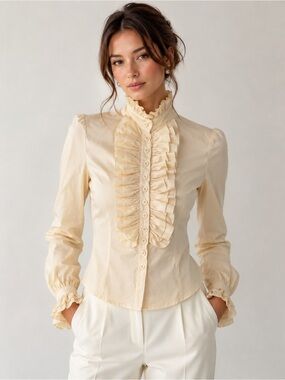 Ruffled High-Neck Cream Blouse with Front Placket